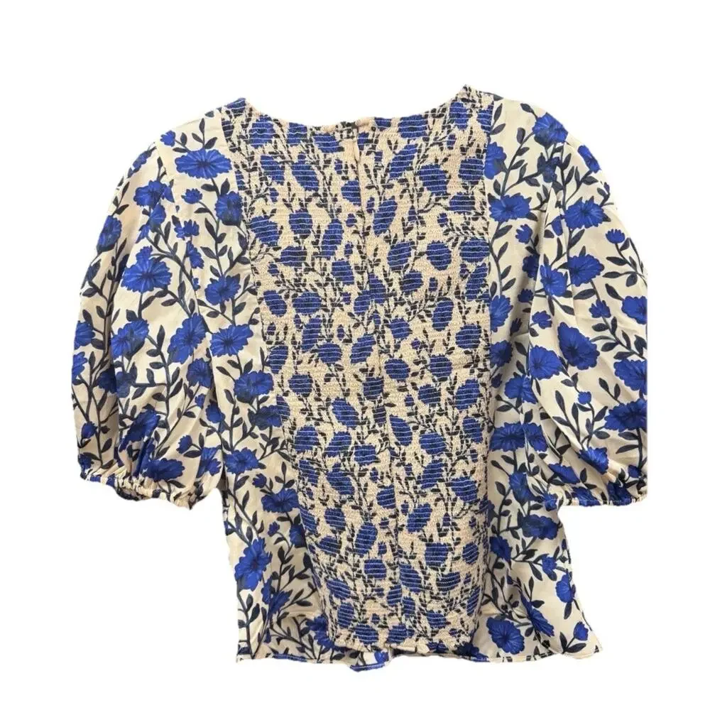 New J.Crew Size 8 Veranda shirt Ruched Smocked Blue Floral Puff Sleeves Satin i6